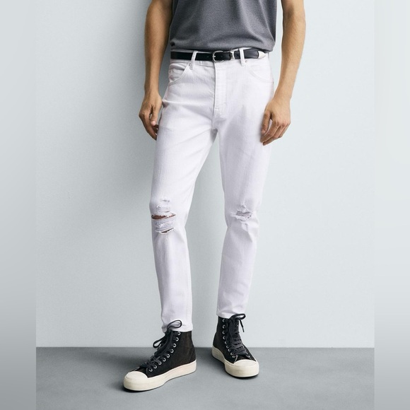 Zara Men's Distressed Ripped Skinny Jeans White 31x30 - Picture 12 of 13